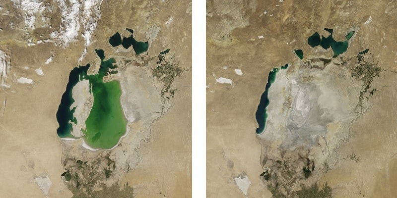 Satellietfoto's van NASA laten zien hoe snel het Aralmeer aan het opdrogen is